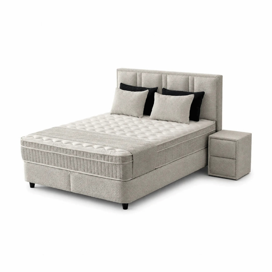 Pat Boxspring PAROS cu ladă de depozitare, structură metalică, saltea premium cu topper integrat
