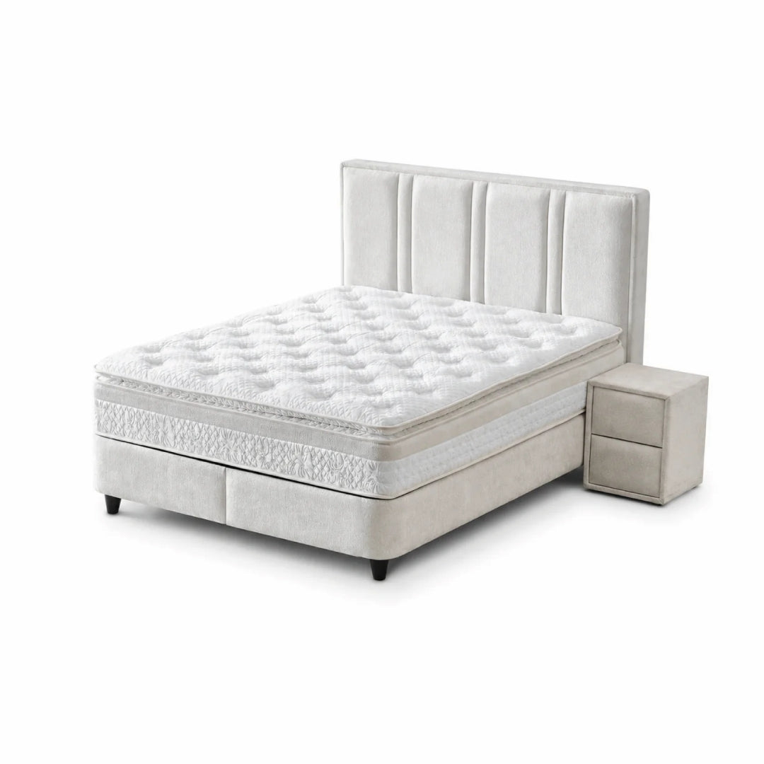 Pat Boxspring PAROS XL cu ladă de depozitare, structură metalică, saltea premium cu topper integrat