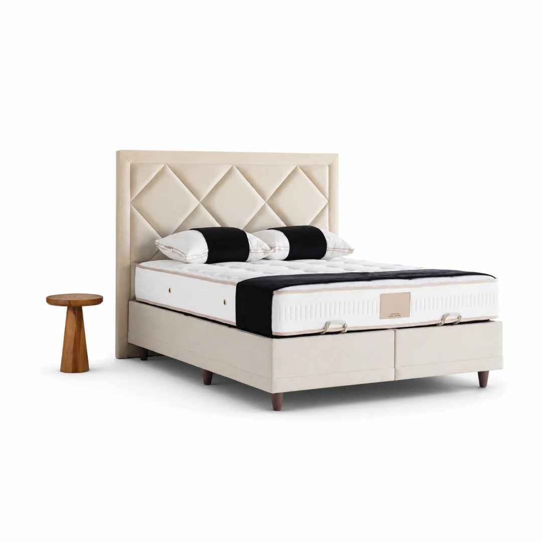 Pat Boxspring POINT cu ladă de depozitare, structură metalică, saltea premium