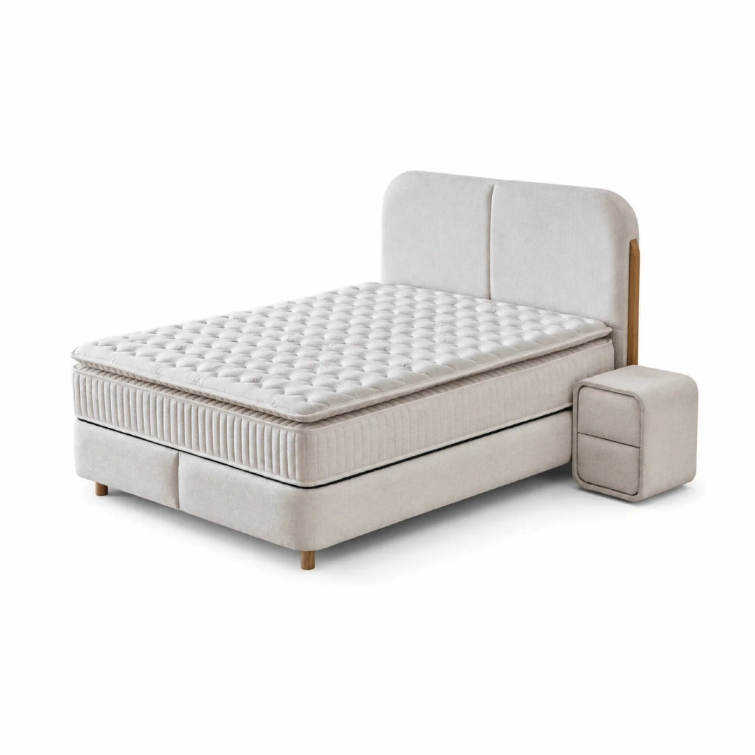 Pat Boxspring PORTO cu ladă de depozitare, structură metalică, saltea premium cu topper integrat