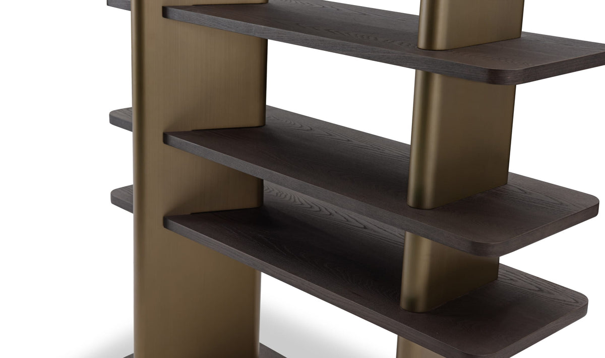 Bibliotecă VERTEX 120 cm lungime, rafturi furnir ulm, structură stabilă, accent metalic