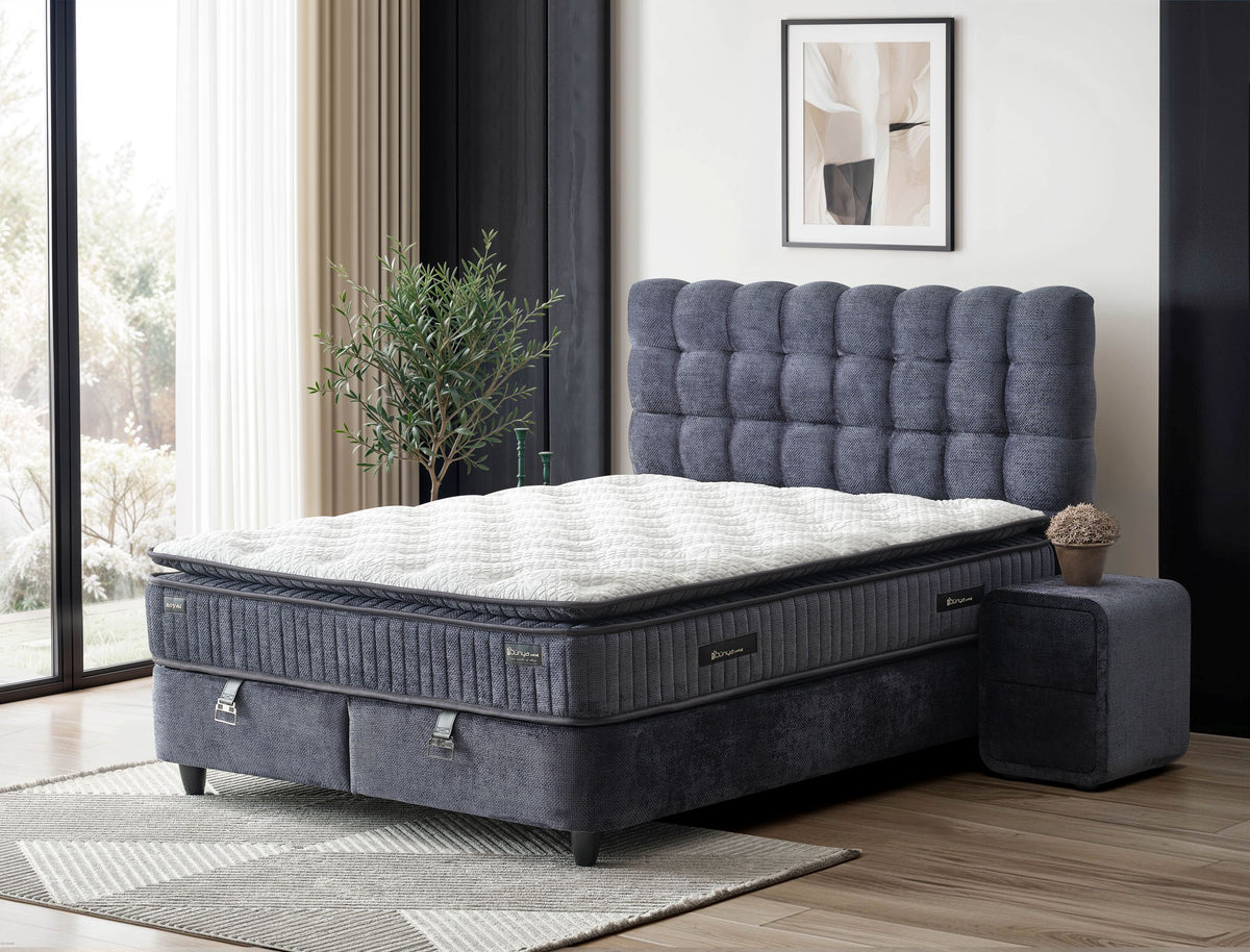 Pat Boxspring ROYAL cu ladă de depozitare, structură metalică, saltea premium cu topper integrat