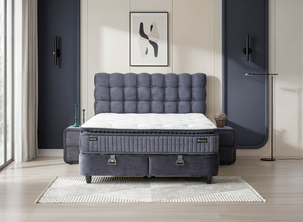 Pat Boxspring ROYAL cu ladă de depozitare, structură metalică, saltea premium cu topper integrat