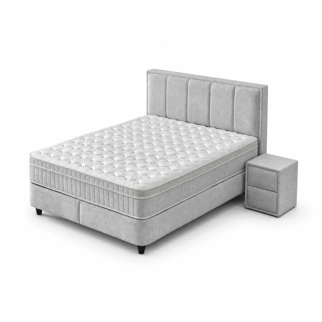 Pat Boxspring ROYCE cu ladă de depozitare, structură metalică, saltea premium cu topper integrat