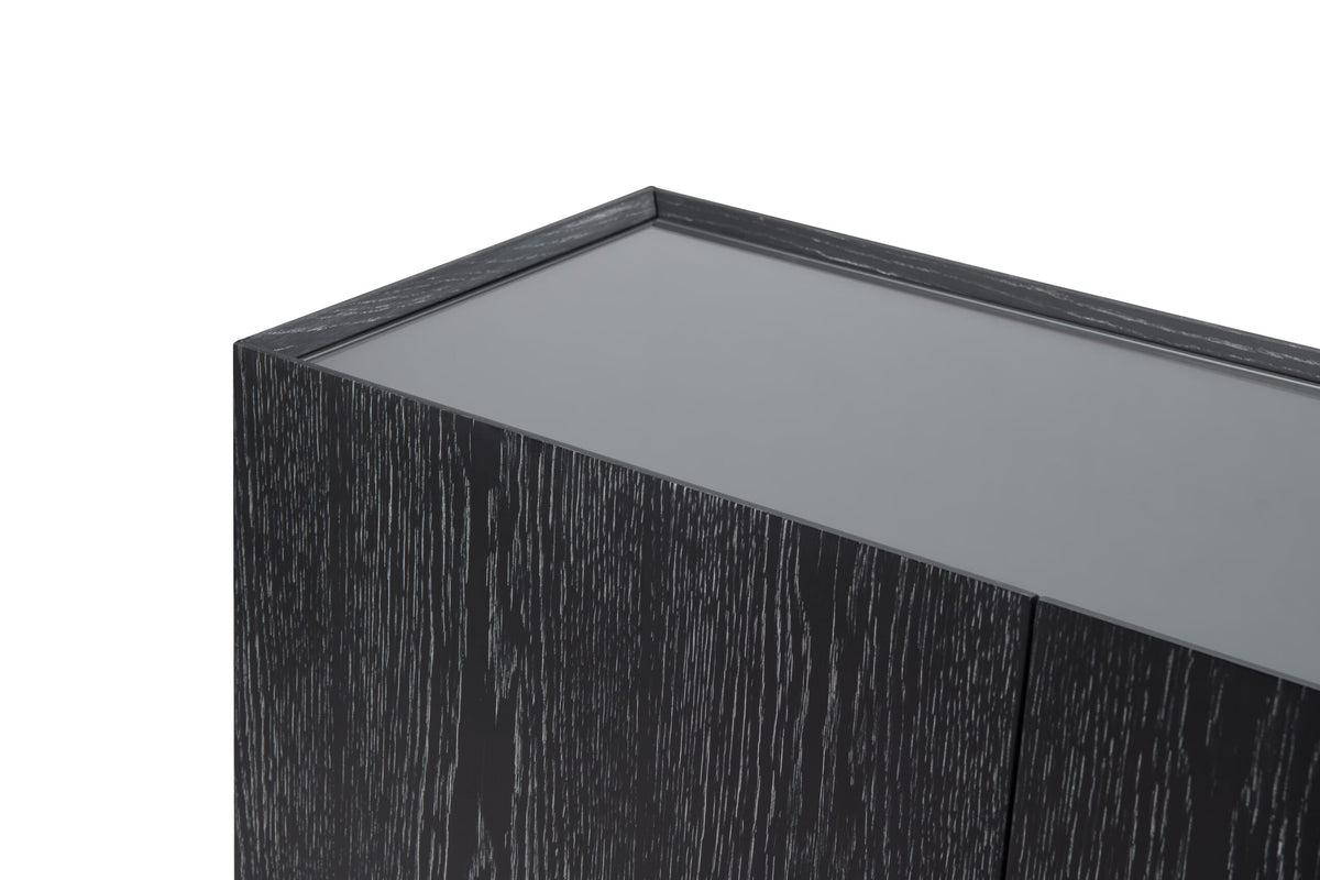 Comodă ALPINA NOIR 200 cm lungime, furnir stejar negru, blat sticlă securizată, bază oțel inoxidabil