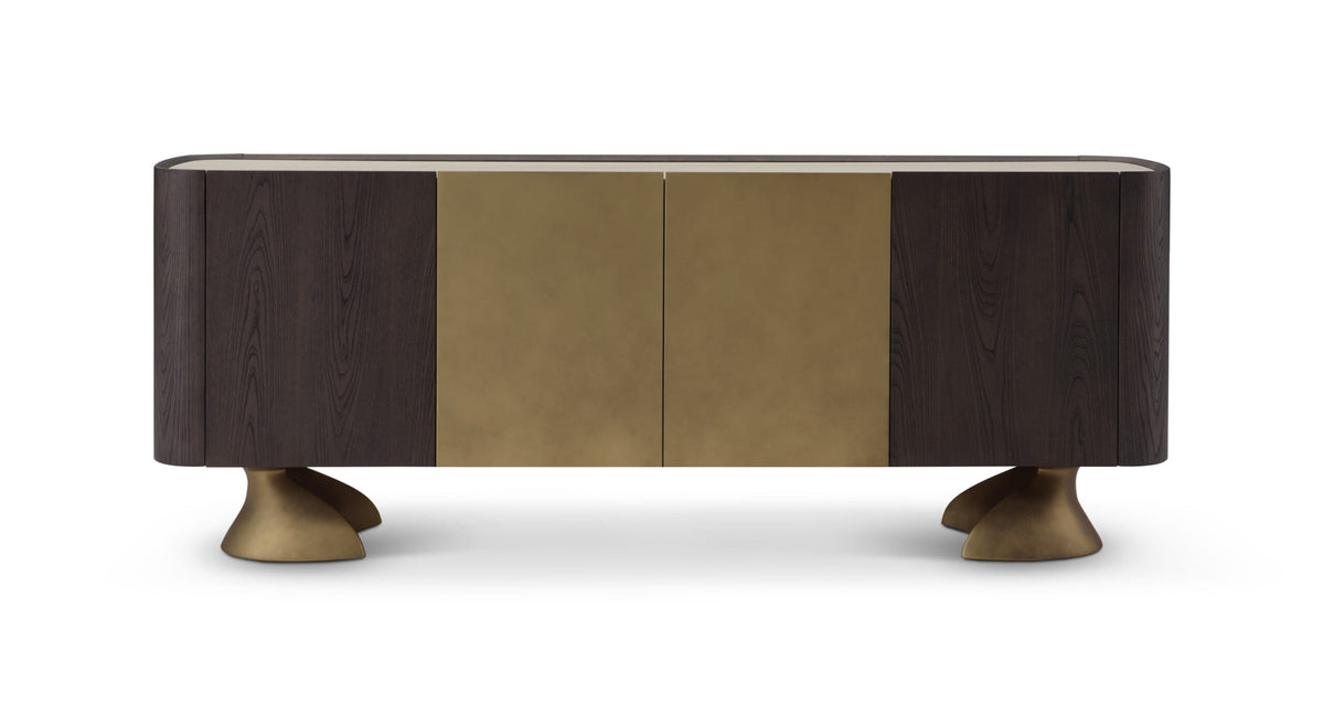 Comodă VELLOR 210 cm lungime, blat ceramic, furnir ulm gri închis, accente metalice