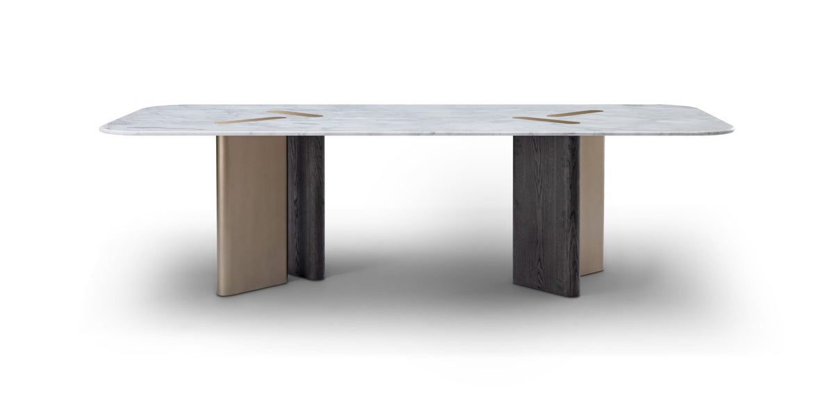 Masă dining TRIADA 260 cm lungime, marmură naturală albă, bază lemn furniruit și metal