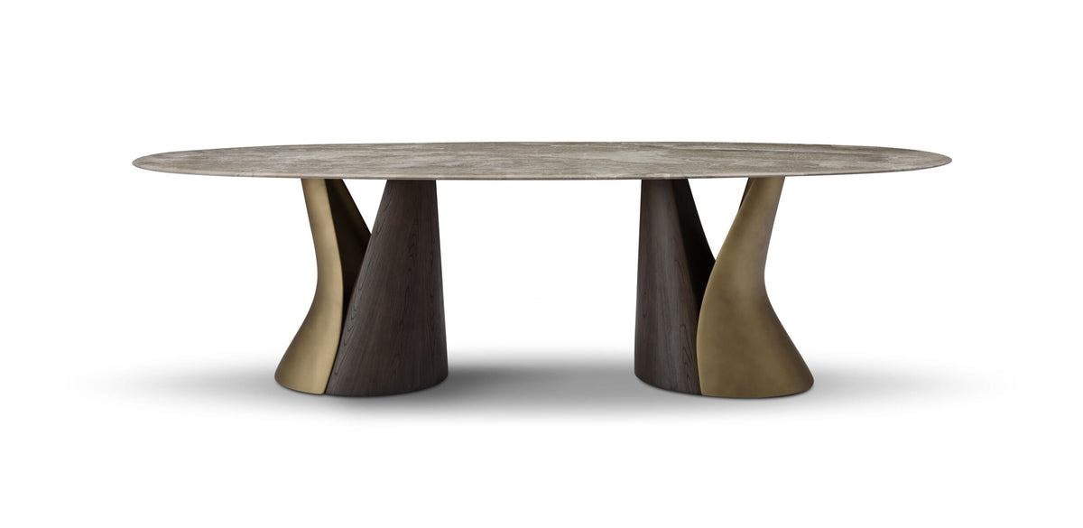 Masă dining fixă DUALIS 260 cm lungime, marmură Maple Brown, bază metal, fibră de sticlă