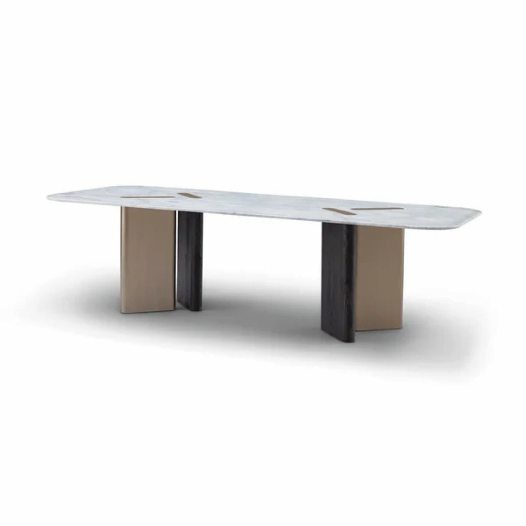 Masă dining TRIADA 260 cm lungime, marmură naturală albă, bază lemn furniruit și metal
