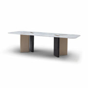 Masă dining TRIADA 260 cm lungime, marmură naturală albă, bază lemn furniruit și metal