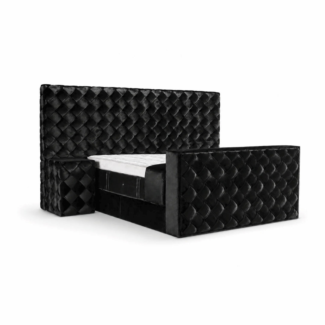 Pat Boxspring TWELL cu ladă de depozitare, spațiu integrare TV, structură metalică, saltea premium