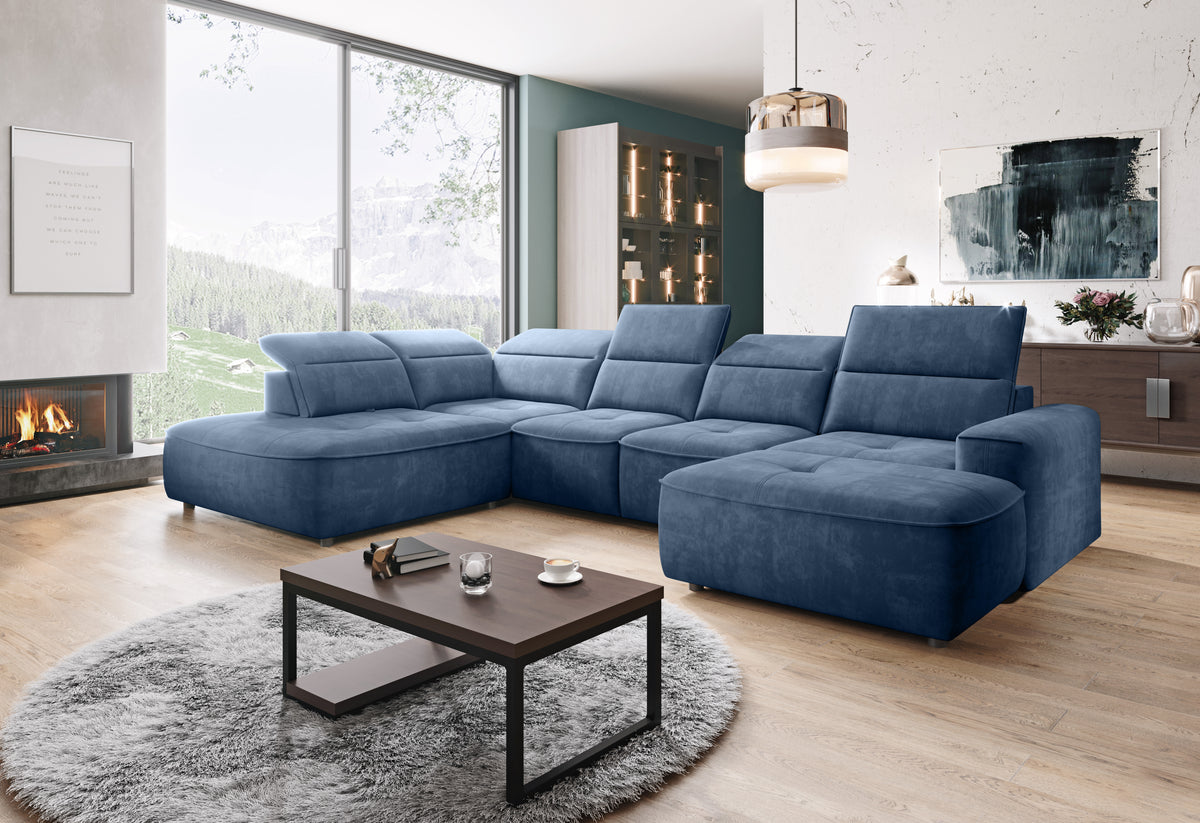Colțar extensibil electric COLOMBO, 376 cm lungime, formă „U”, tetiere reglabile, ladă depozitare, configurabil