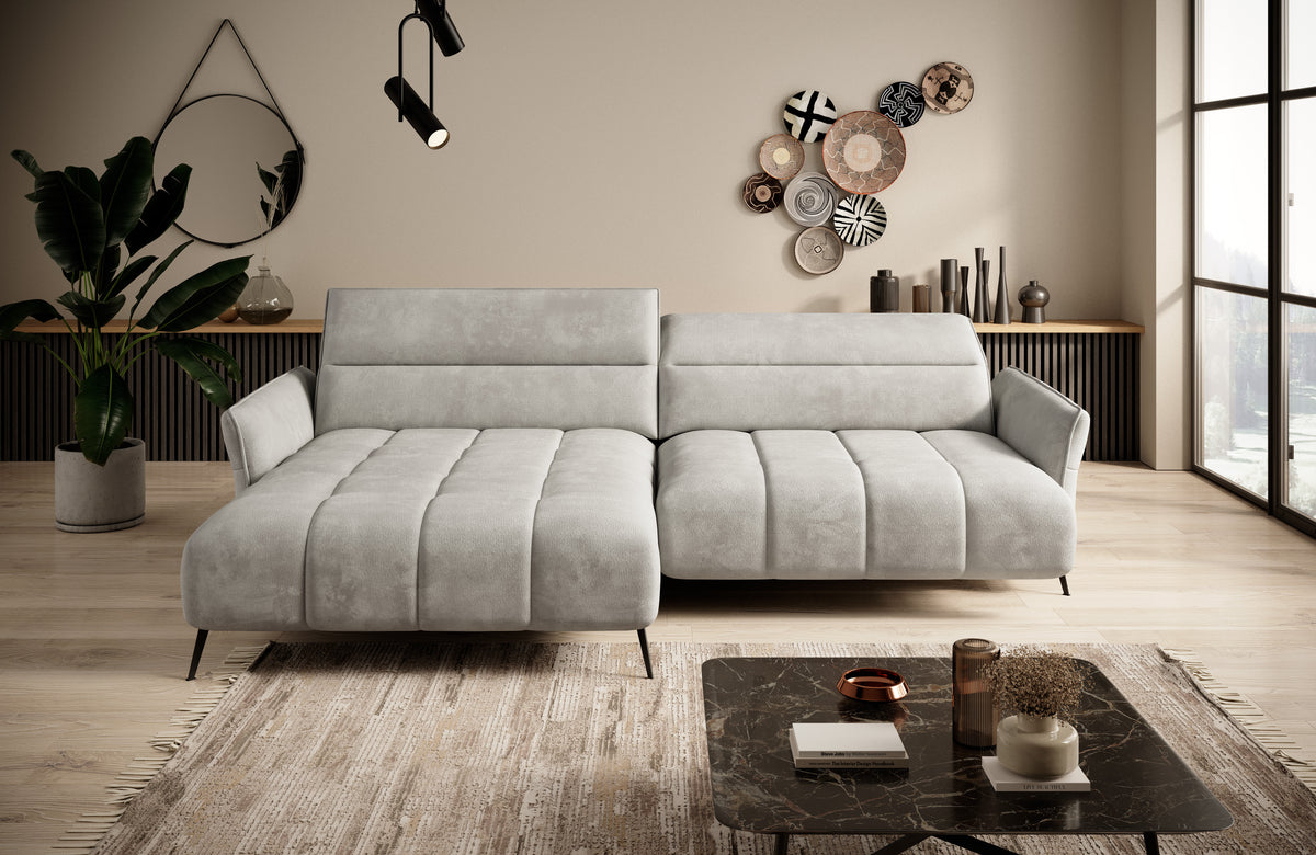 Colțar extensibil electric CAVANI, 272 cm lungime, formă „L”, tetiere reglabile, configurabil