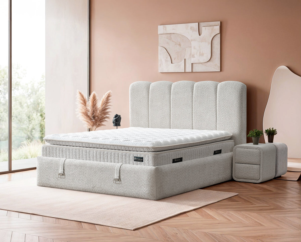 Pat Boxspring KOTOR cu ladă de depozitare, structură metalică, saltea premium