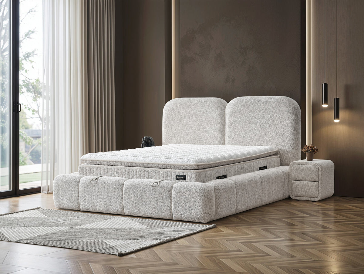Pat Boxspring BUDVA cu ladă de depozitare, structură metalică, saltea premium cu topper integrat