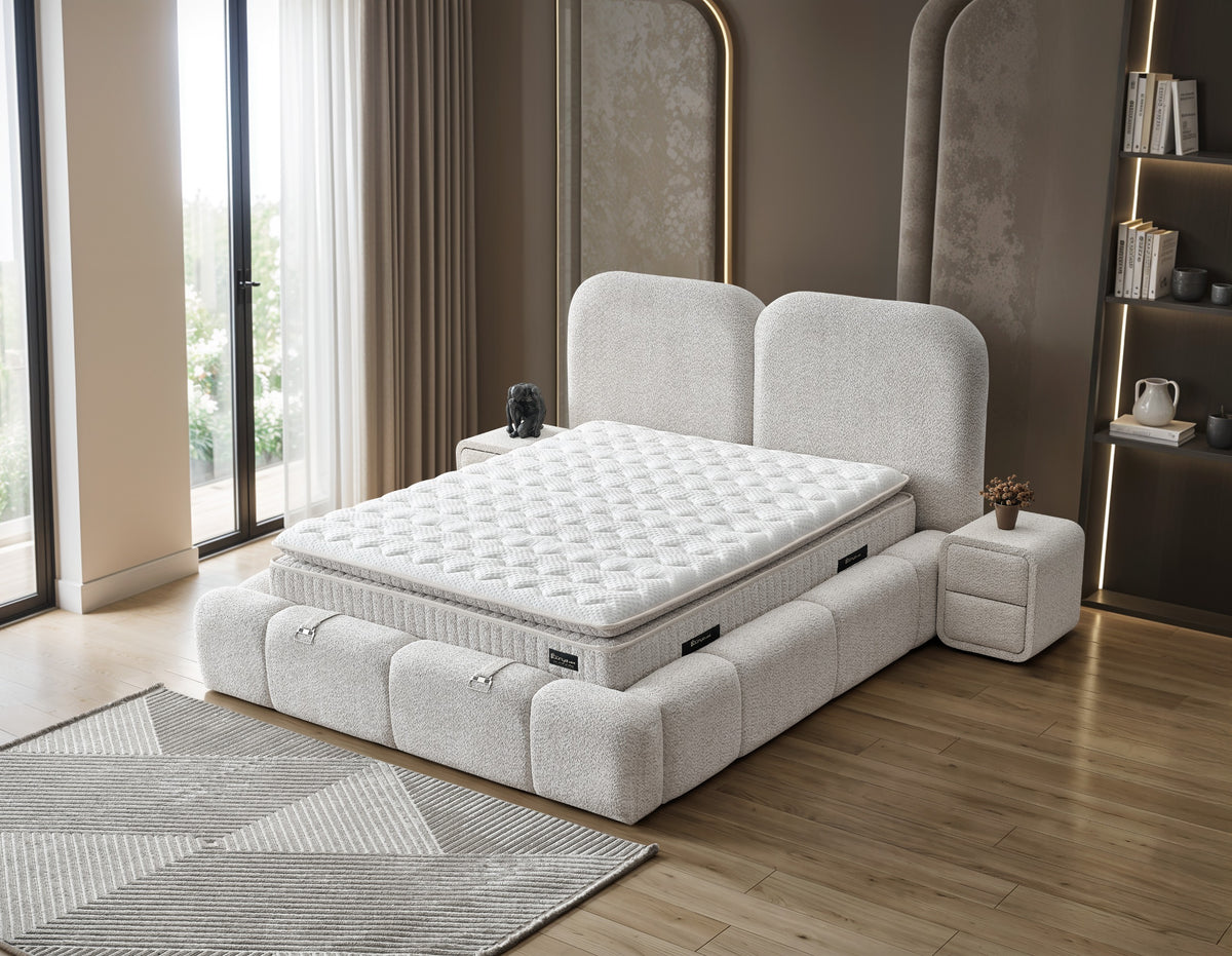 Pat Boxspring BUDVA cu ladă de depozitare, structură metalică, saltea premium cu topper integrat