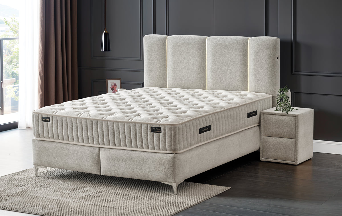 Pat Boxspring ALLURE cu ladă de depozitare, structură metalică, saltea premium, LED-uri integrat