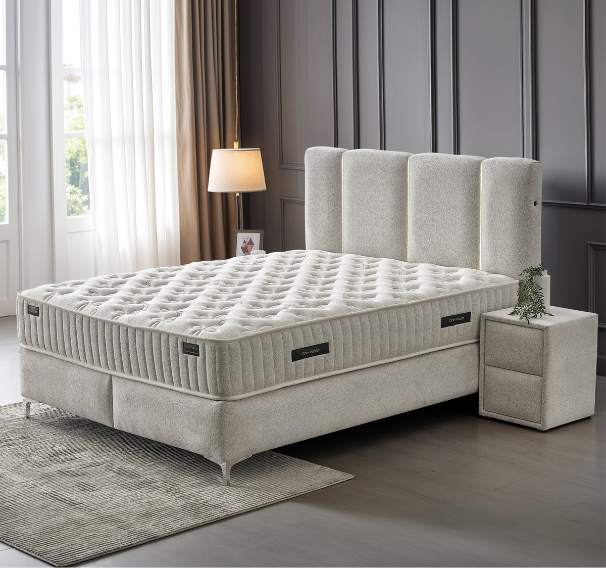 Pat Boxspring ALLURE cu ladă de depozitare, structură metalică, saltea premium, LED-uri integrat