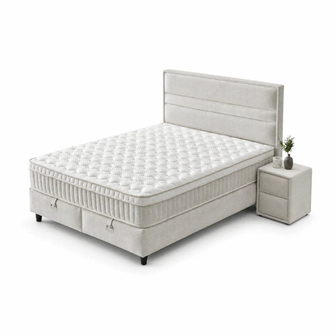 Pat Boxspring ASTRA cu ladă de depozitare, structură metalică, saltea premium cu topper integrat