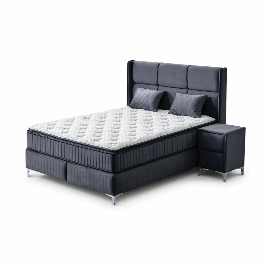 Pat Boxspring BELLA cu ladă de depozitare, structură metalică, saltea premium cu topper integrat