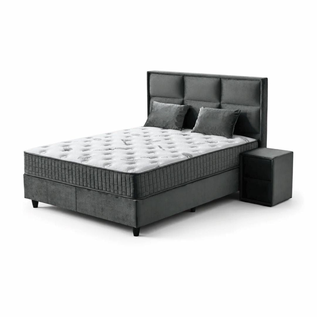 Pat Boxspring CARIA cu ladă de depozitare, structură metalică, saltea premium