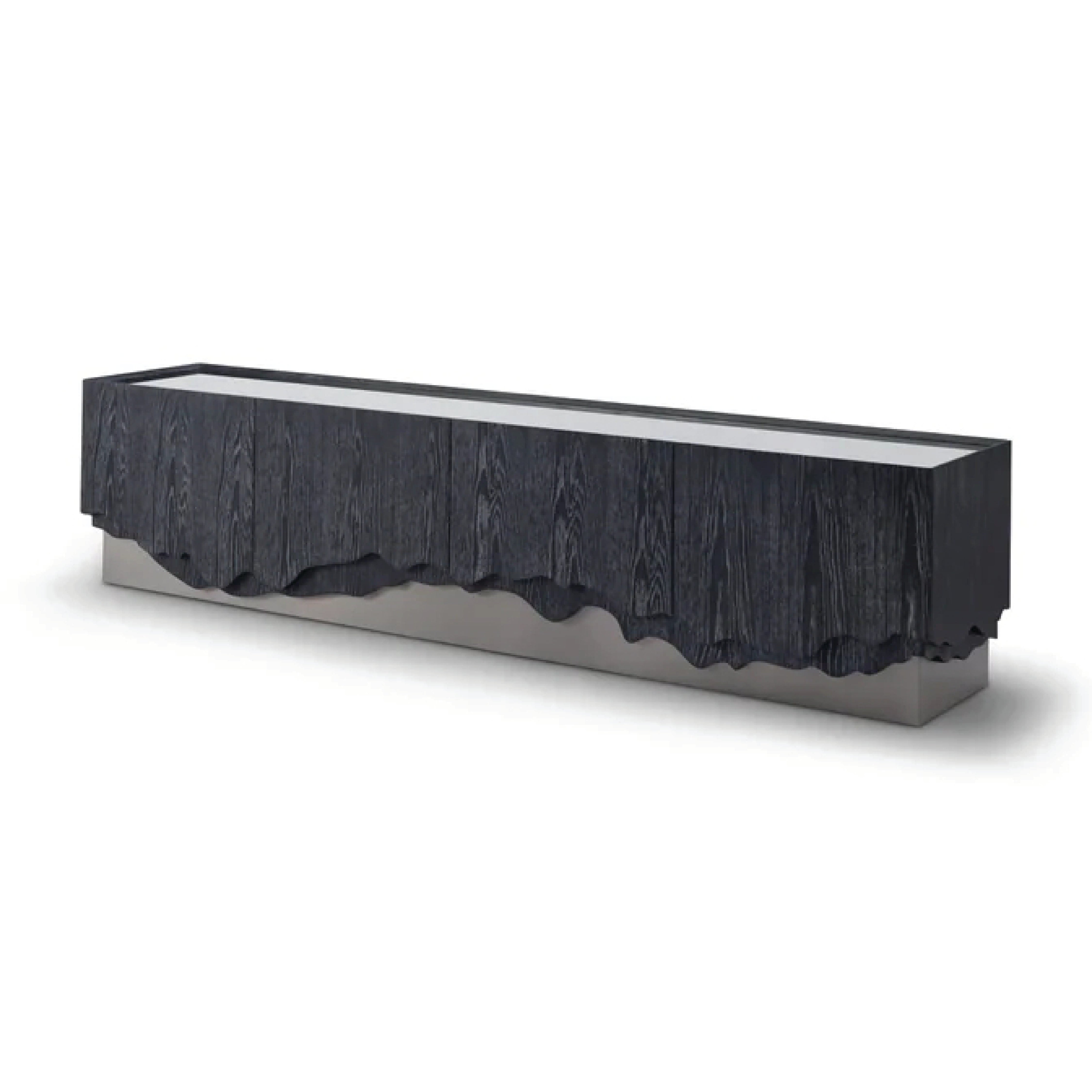 Comodă TV ALPINA NOIR 220 cm lungime, blat sticla securizata, bază oțel inoxidabil
