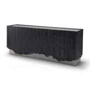 Comodă ALPINA NOIR 200 cm lungime, furnir stejar negru, blat sticlă securizată, bază oțel inoxidabil