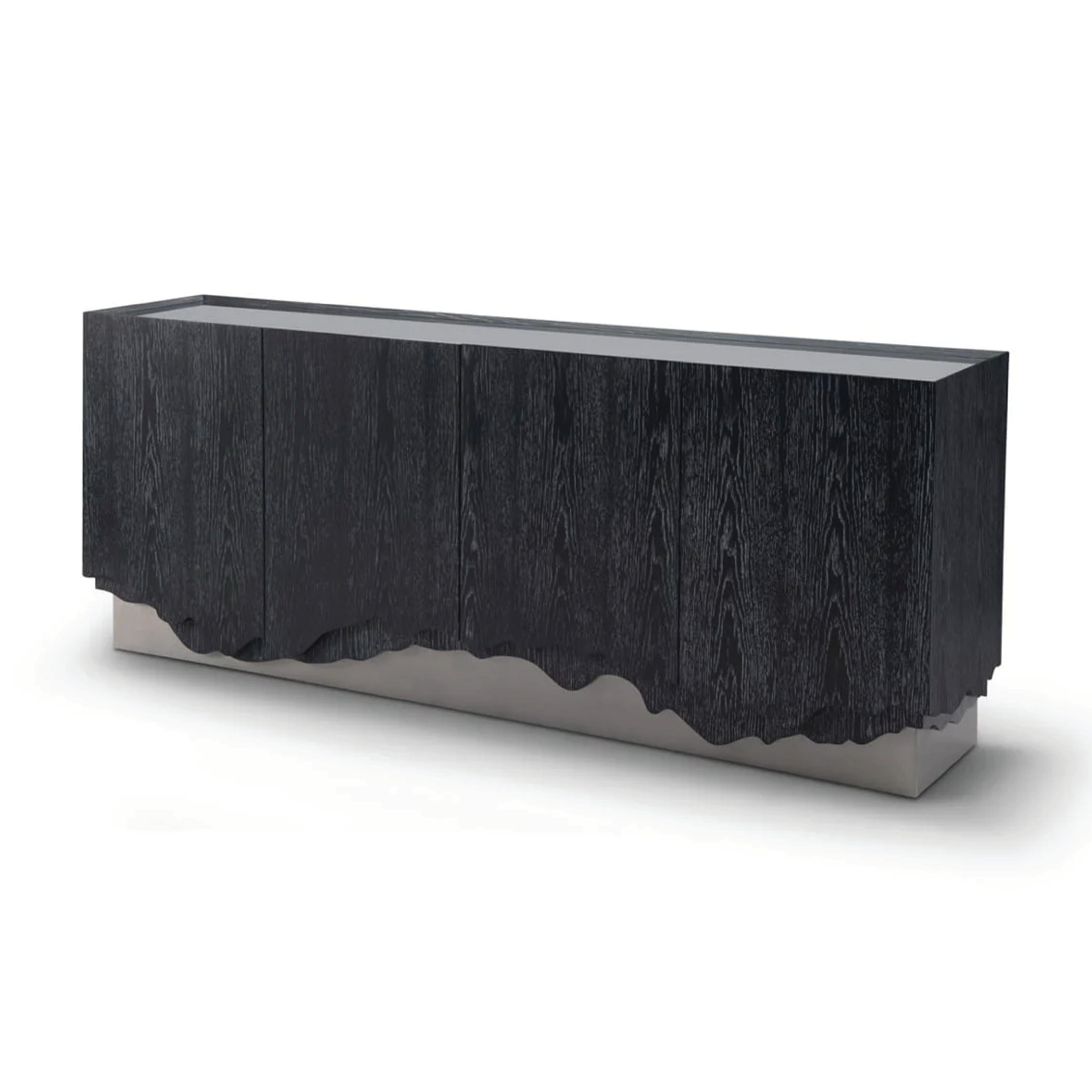 Comodă ALPINA NOIR 200 cm lungime, furnir stejar negru, blat sticlă securizată, bază oțel inoxidabil
