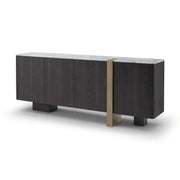 Comodă TRIADA 200 cm lungime, blat marmură albă, furnir lemn gri închis, accente brass