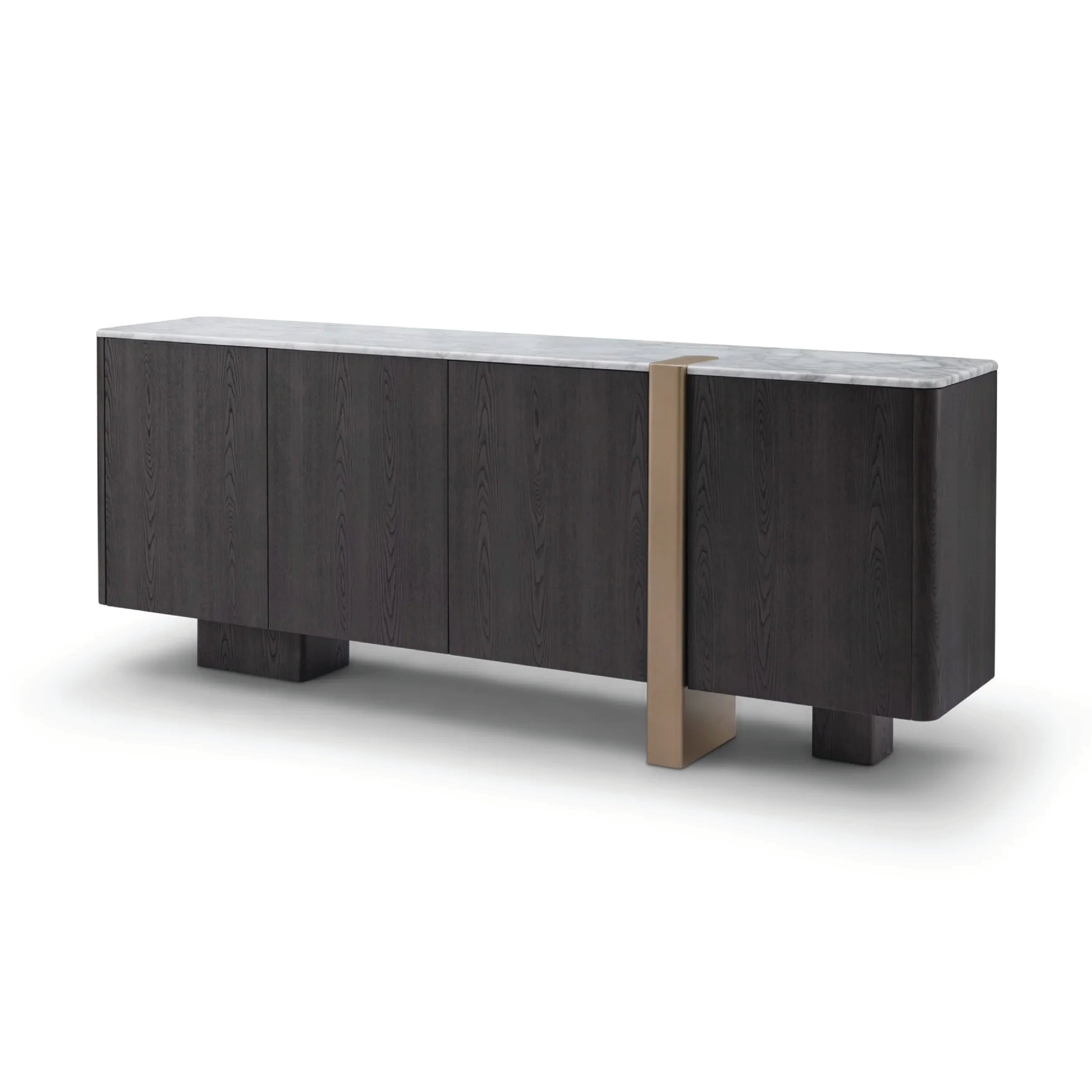 Comodă TRIADA 200 cm lungime, blat marmură albă, furnir lemn gri închis, accente brass