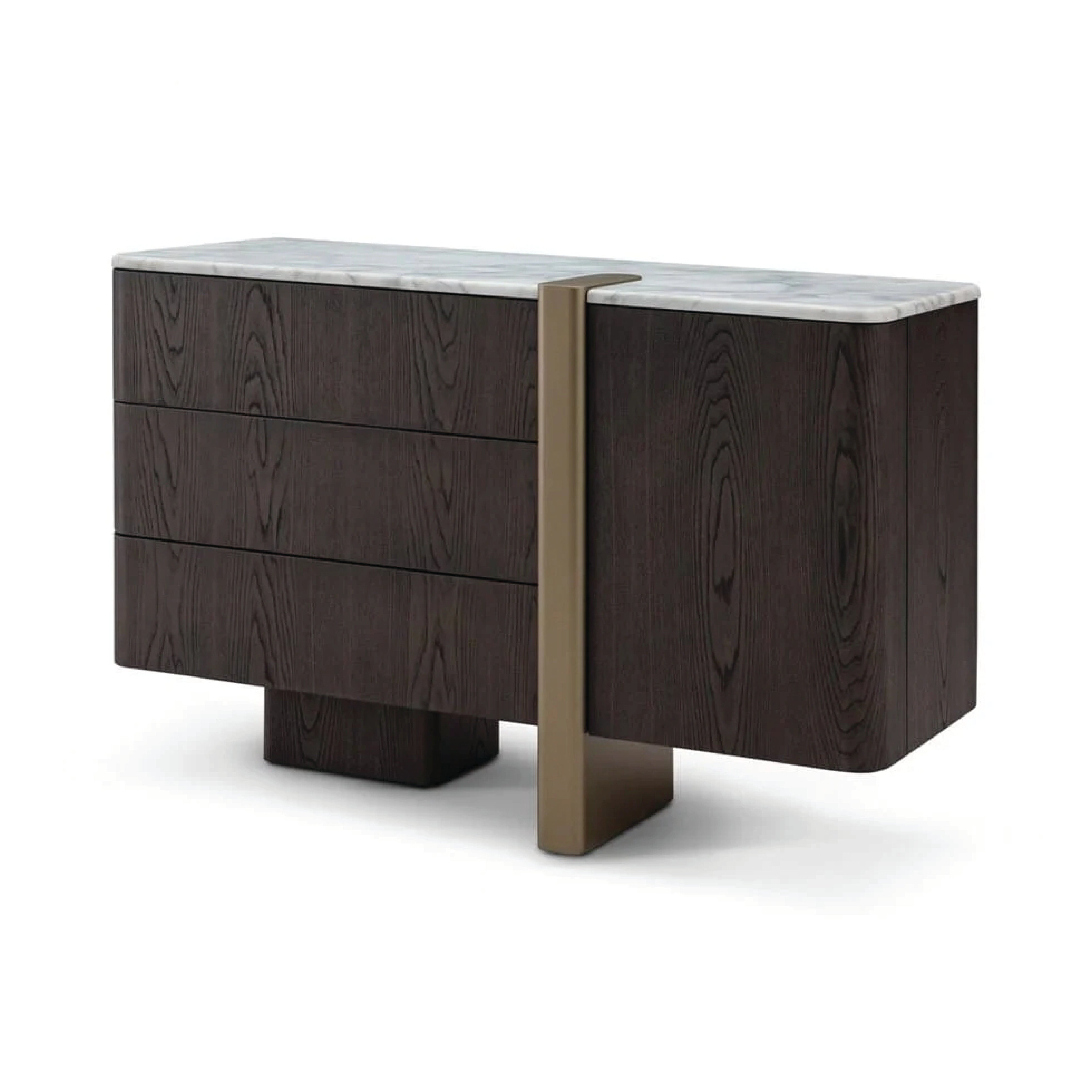 Comodă TRIADA 120 cm lungime, blat marmură albă, furnir lemn gri închis, accente brass