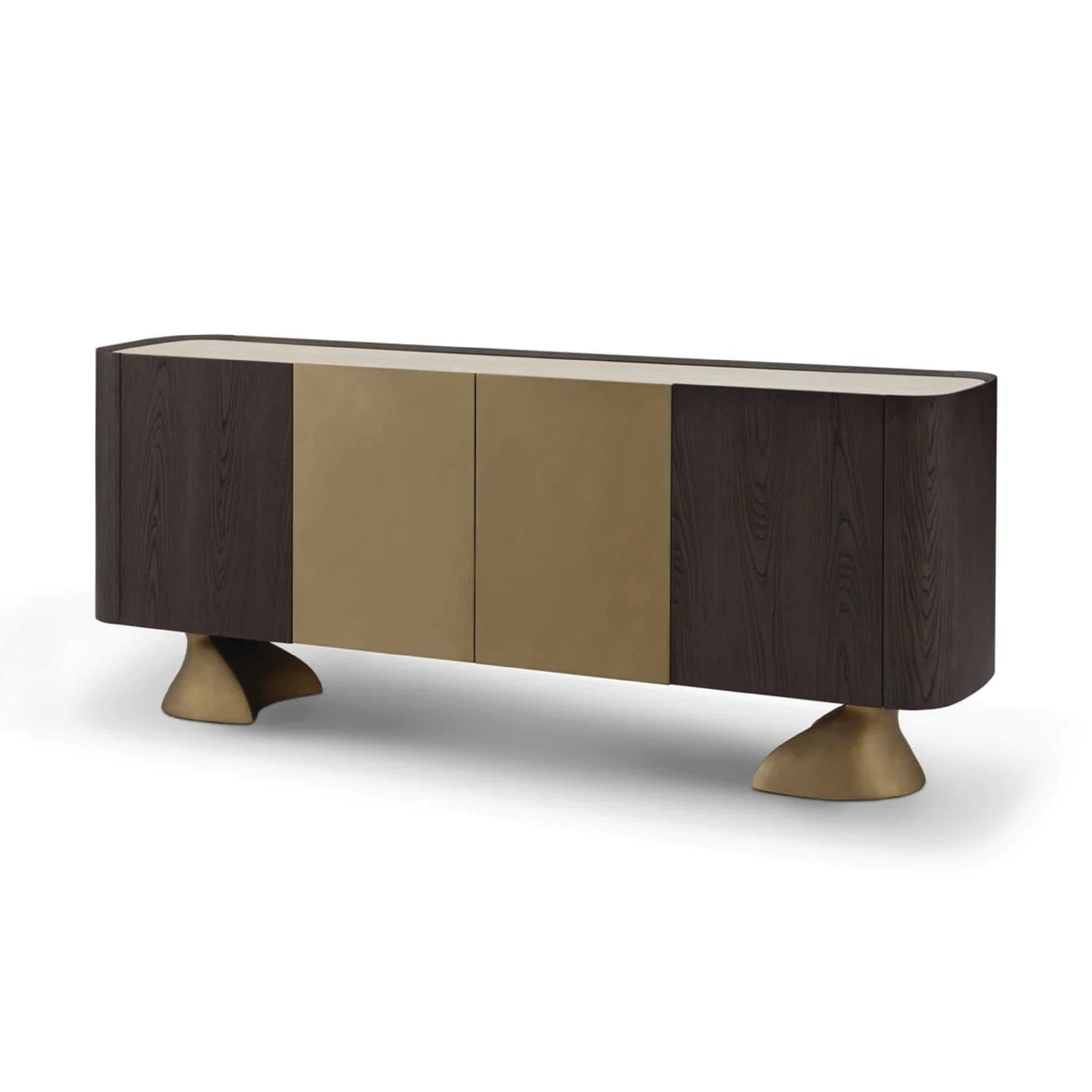Comodă VELLOR 210 cm lungime, blat ceramic, furnir ulm gri închis, accente metalice