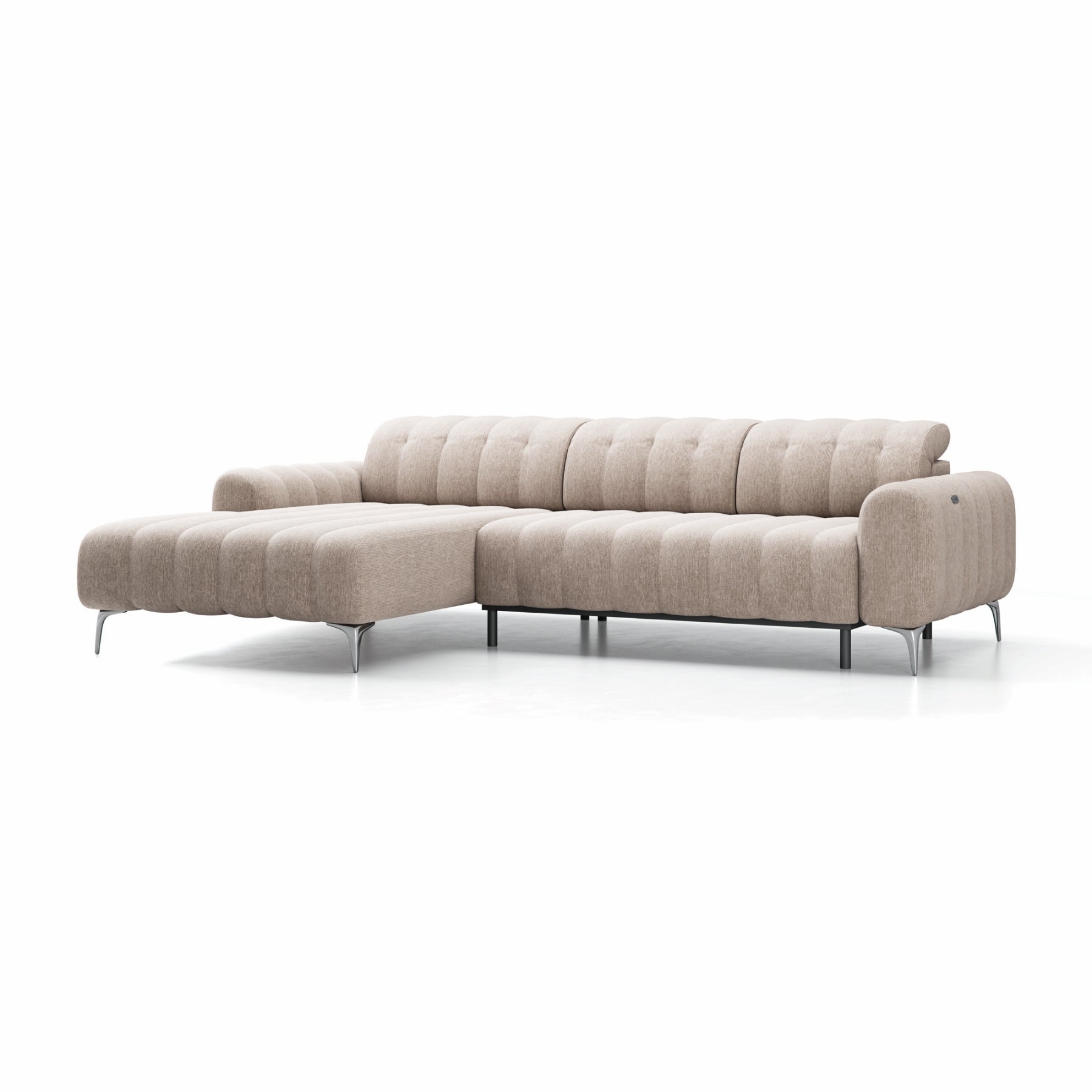 Colțar extensibil electric PORTOFINO 283 cm lungime, tetiere reglabile, formă „L”, bej deschis