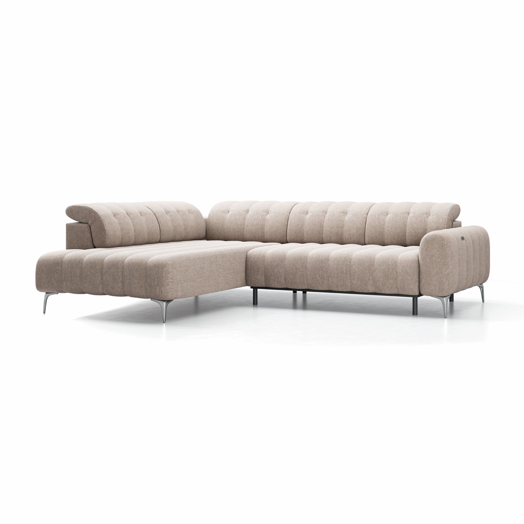 Colțar extensibil electric PORTOFINO 285 cm lungime, tetiere reglabile, formă „L”, bej deschis