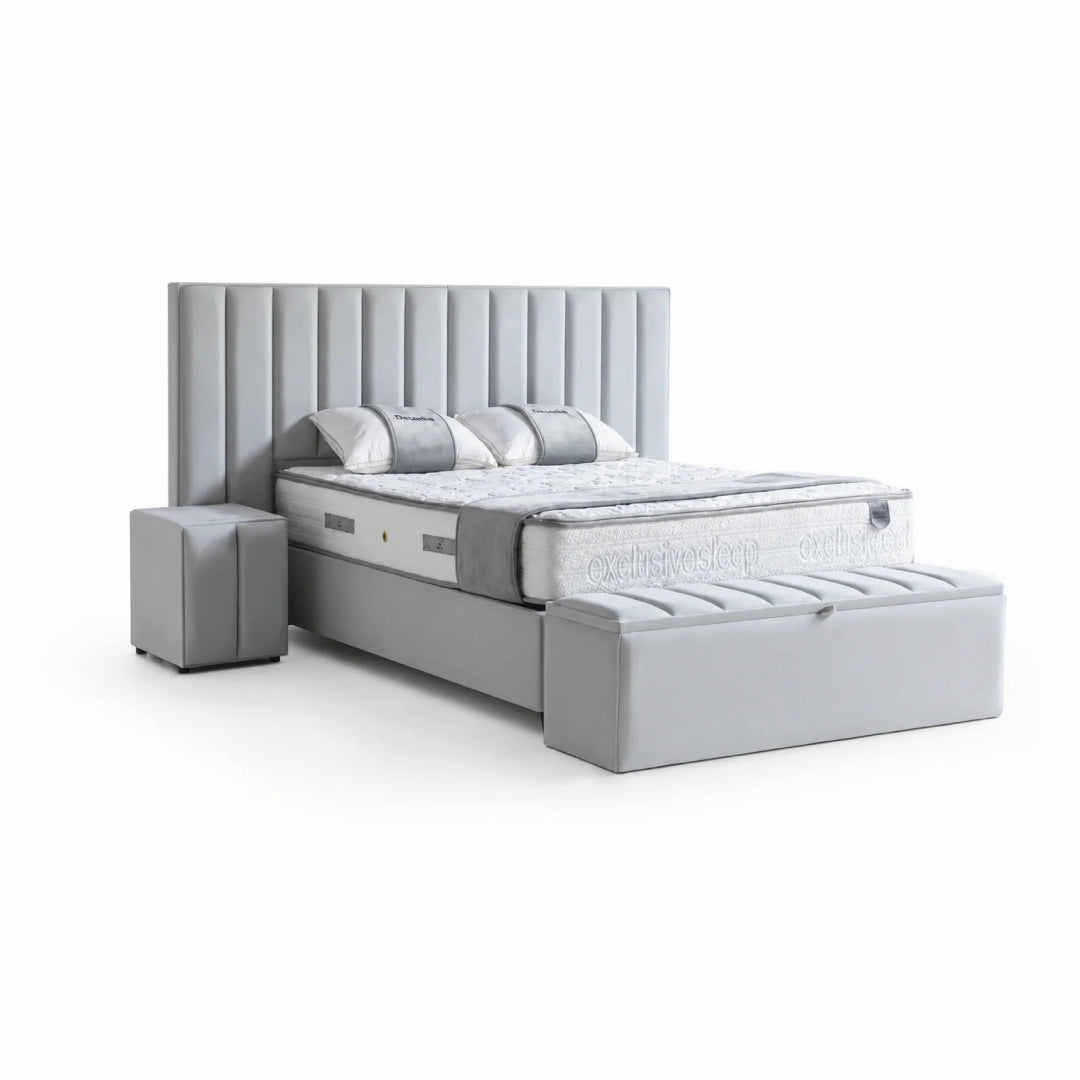 Pat Boxspring DIAMOND XL cu ladă de depozitare, structură metalică, saltea premium
