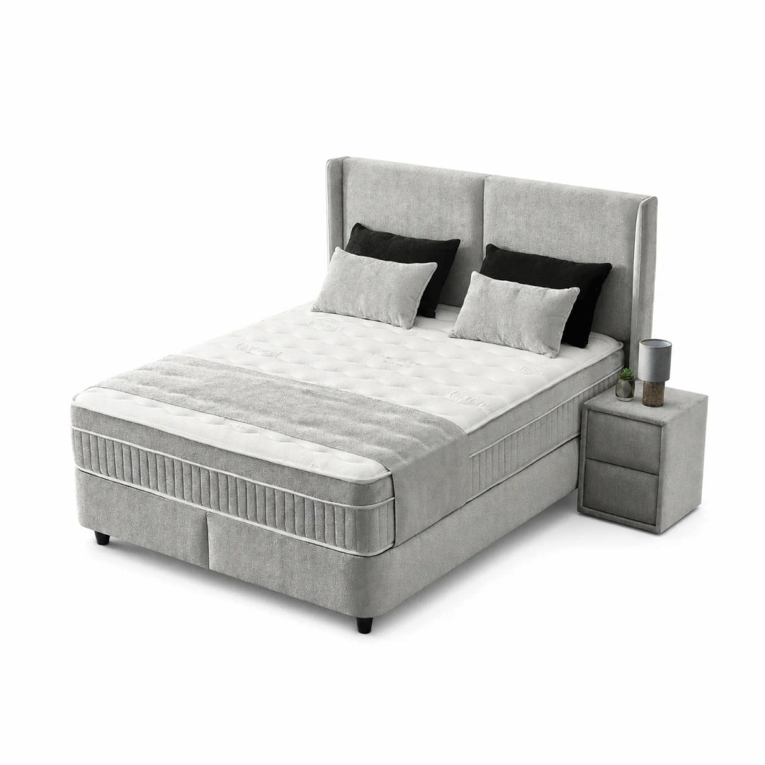 Pat Boxspring DIANA cu ladă de depozitare, structură metalică, saltea premium cu topper integrat