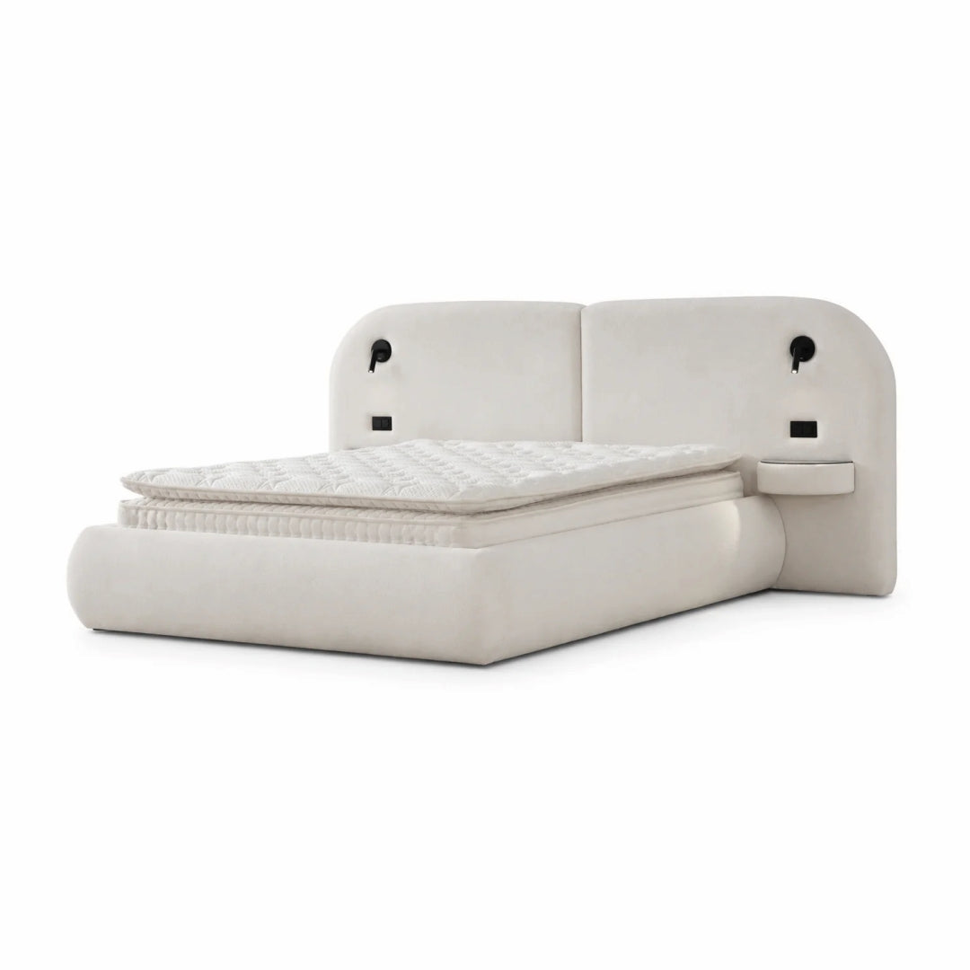 Pat Boxspring ELYSIA cu ladă de depozitare, structură metalică, saltea premium cu topper integrat, LED-uri si charger USB incorporate, noptiere incluse