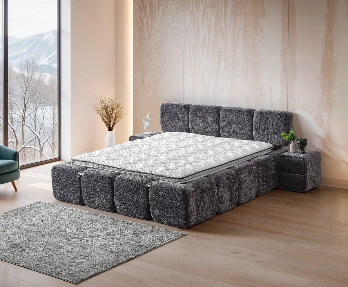 Pat Boxspring MARVEO cu ladă de depozitare, structură metalică, saltea premium cu topper integrat