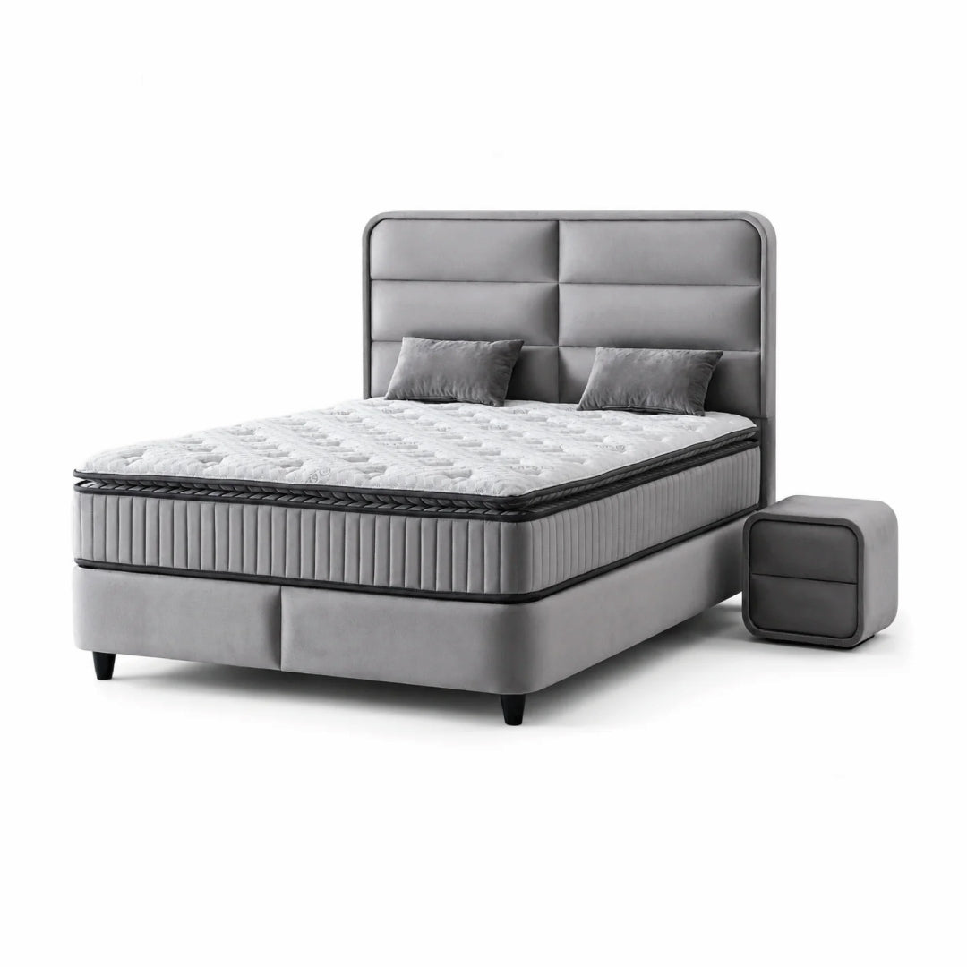 Pat Boxspring FALLONE cu ladă de depozitare, structură metalică, saltea premium cu topper integrat