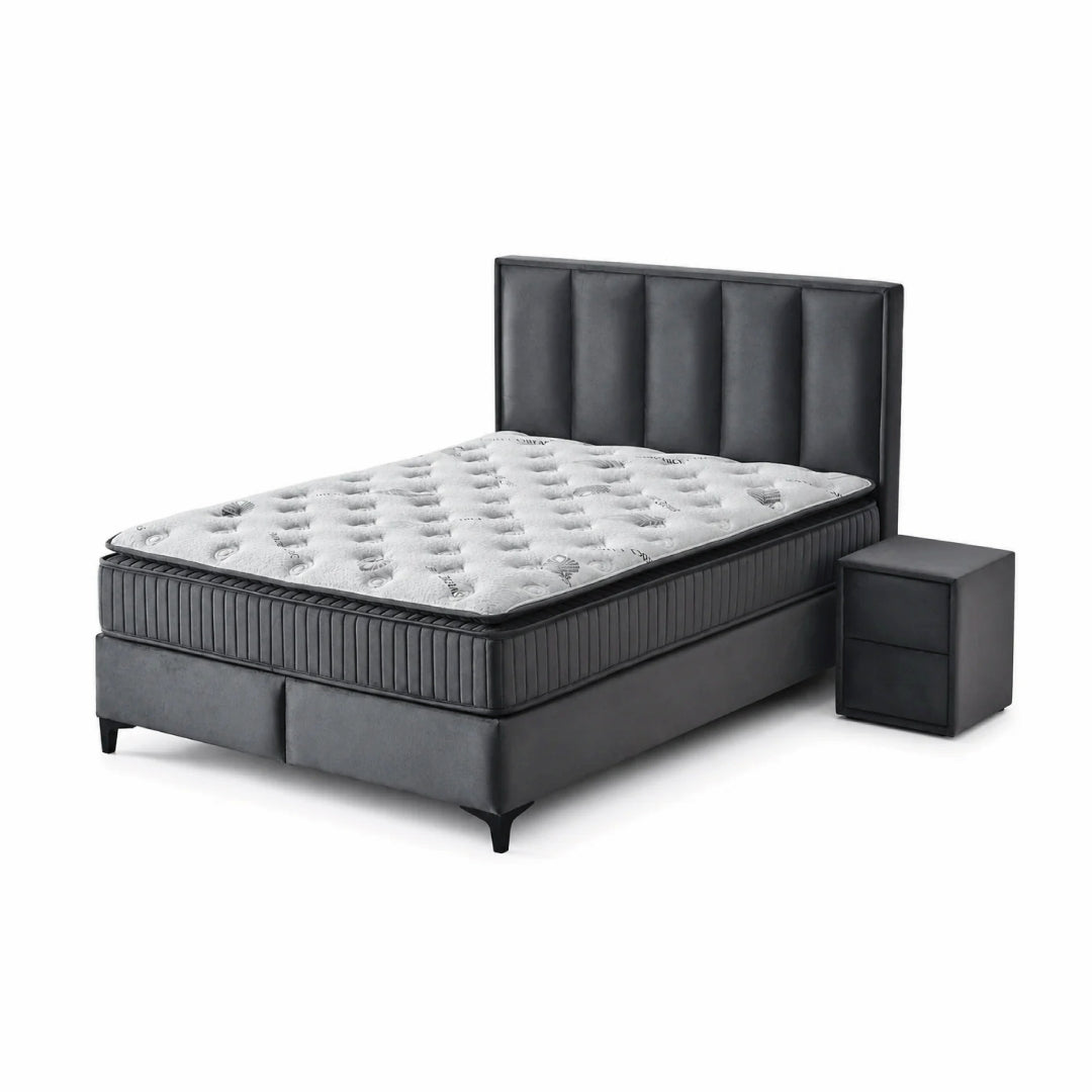 Pat Boxspring HERMES cu ladă de depozitare, structură metalică, saltea premium cu topper integrat