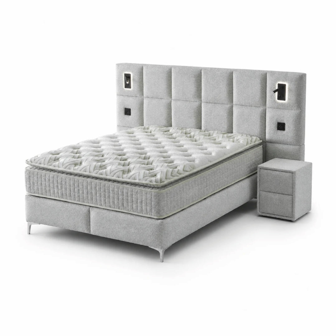 Pat Boxspring IBIZA cu ladă de depozitare, structură metalică, saltea premium cu topper integrat, LED-uri incorporate