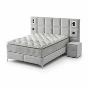 Pat Boxspring IBIZA cu ladă de depozitare, structură metalică, saltea premium cu topper integrat, LED-uri incorporate