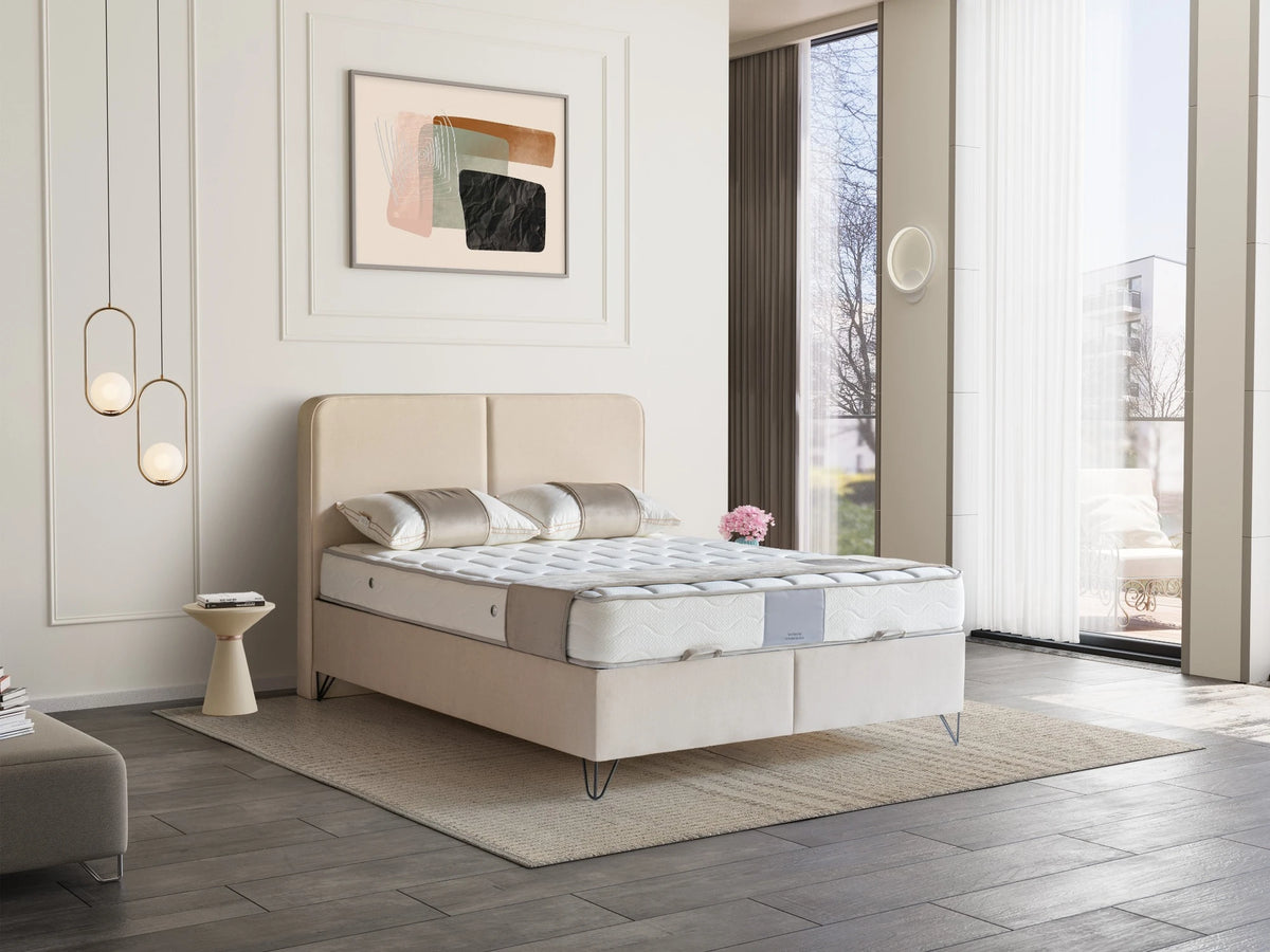 Pat Boxspring LEDA cu ladă de depozitare, structură metalică, saltea premium