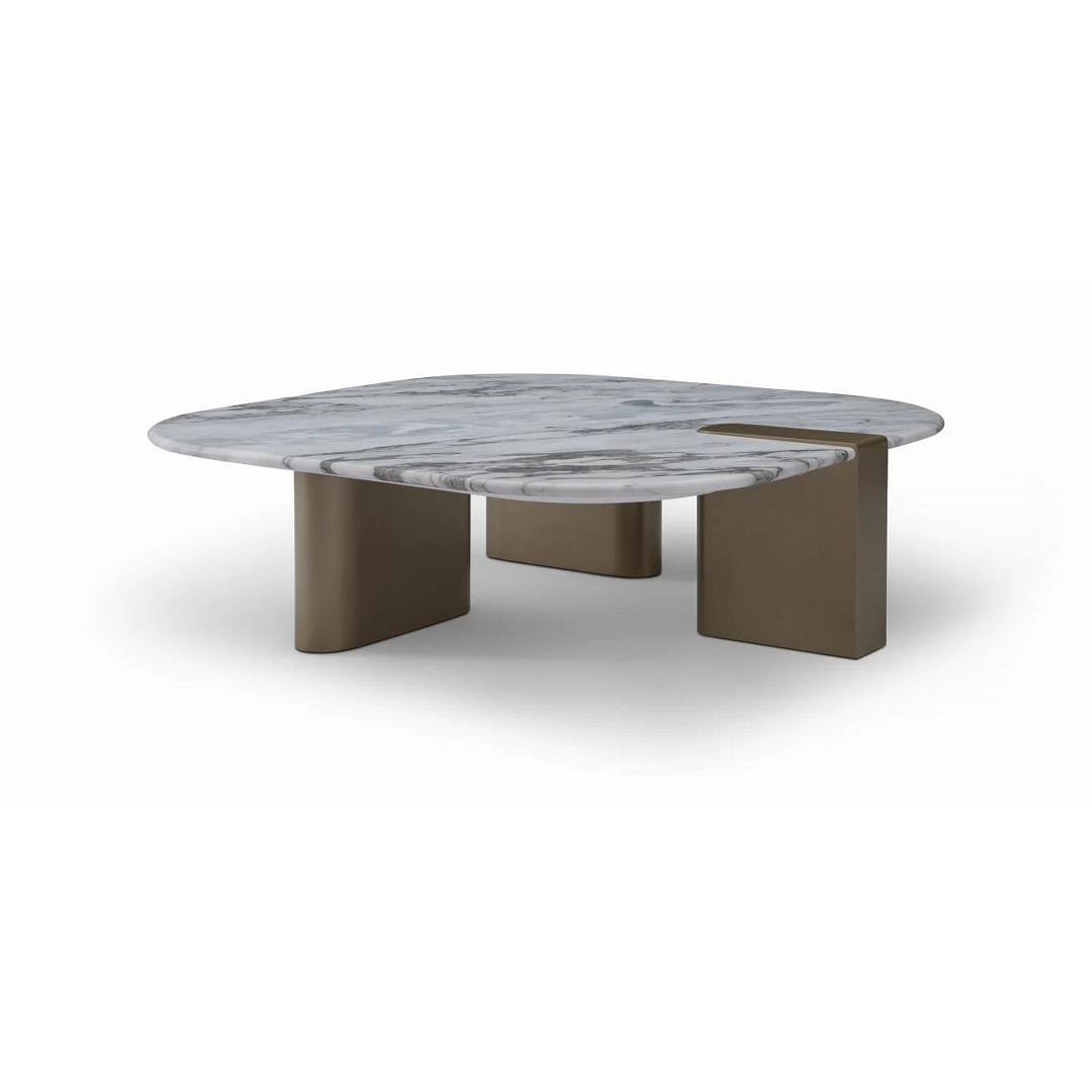 Măsuță cafea TRIADA 100 cm lungime, blat marmură albă, structură lemn masiv, finisaj brass