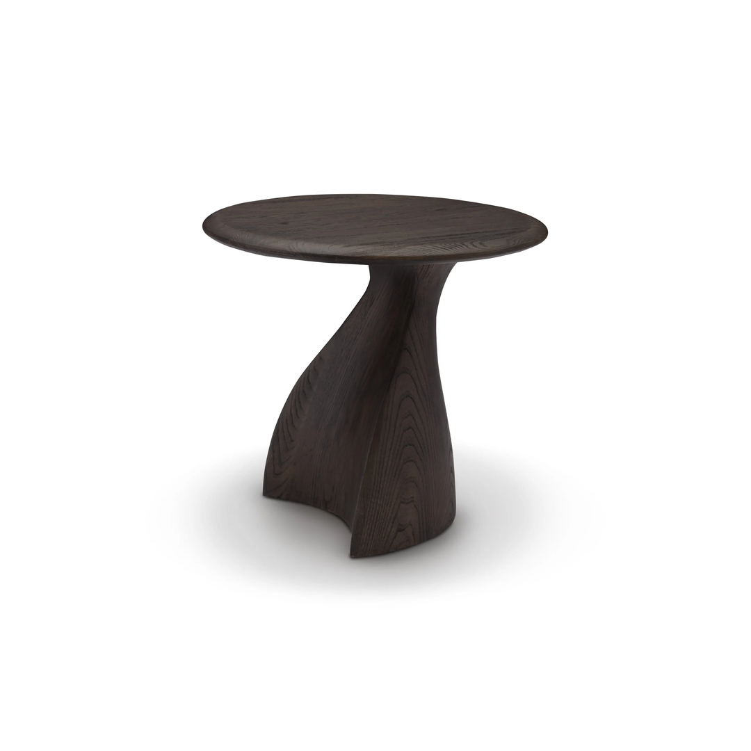 Măsuță cafea FLUX 55 cm diametru, finisaj brass, structura fibră de sticlă, lemn masiv