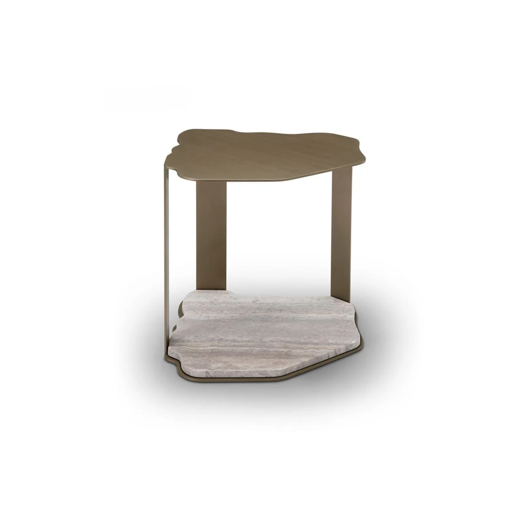 Măsuță cafea STRATO 46 cm lungime, structură metal finisat, bază din travertin gri