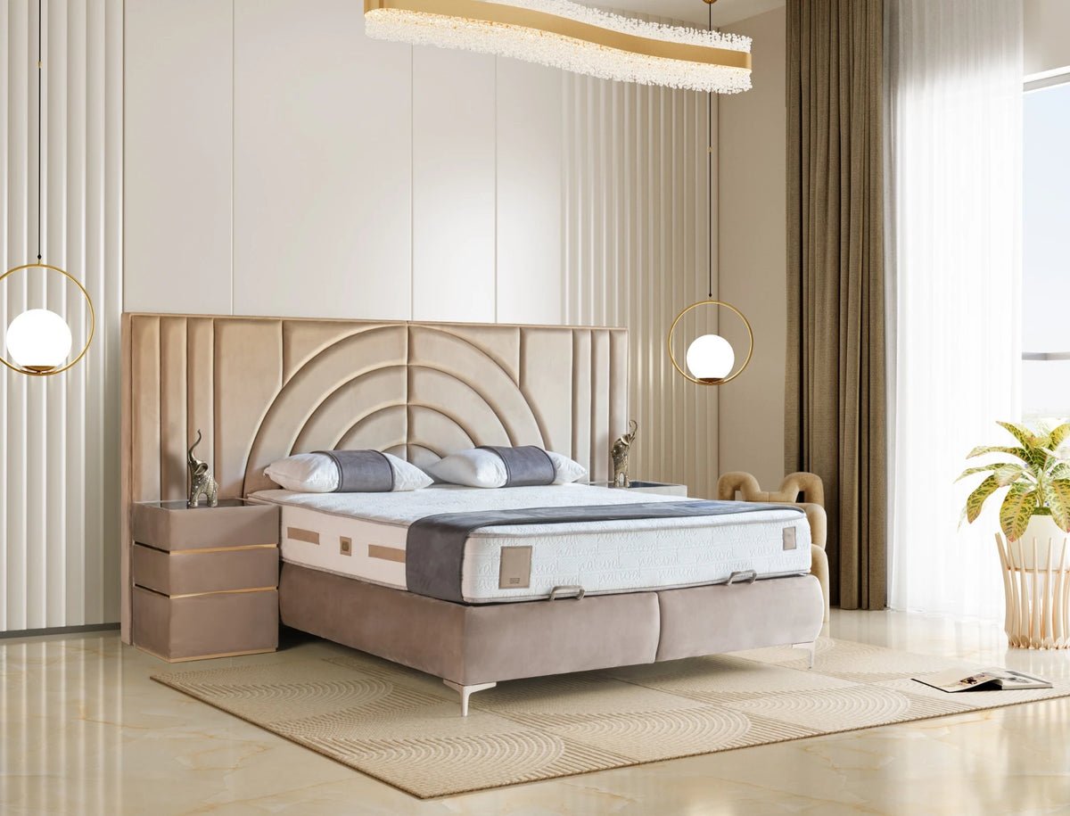 Pat Boxspring MOON cu ladă de depozitare, structură metalică, saltea premium
