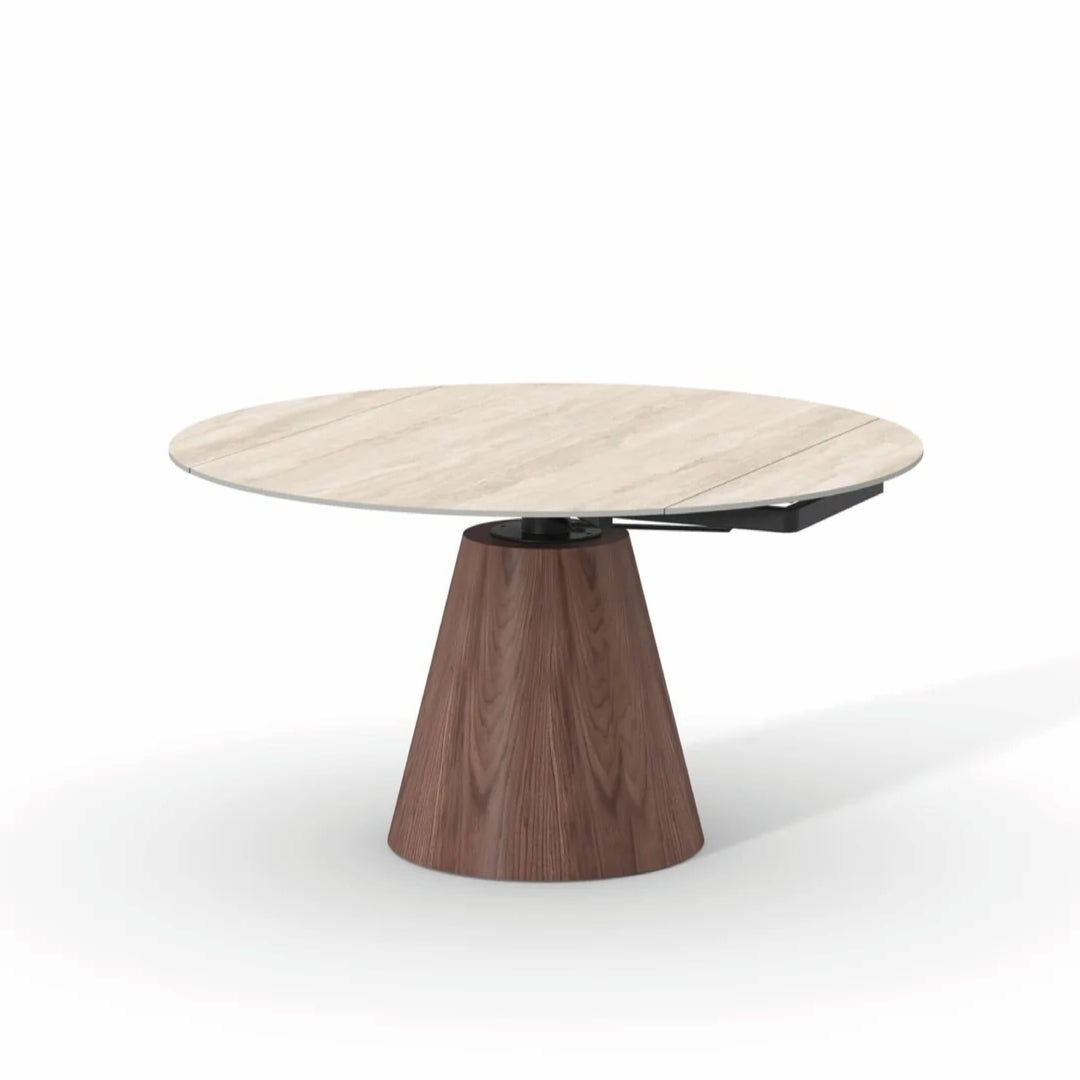 Masă dining extensibilă ORBITA 135 cm diametru, blat ceramică, bază furnir de nuc