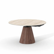 Masă dining extensibilă ORBITA 135 cm diametru, blat ceramică, bază furnir de nuc