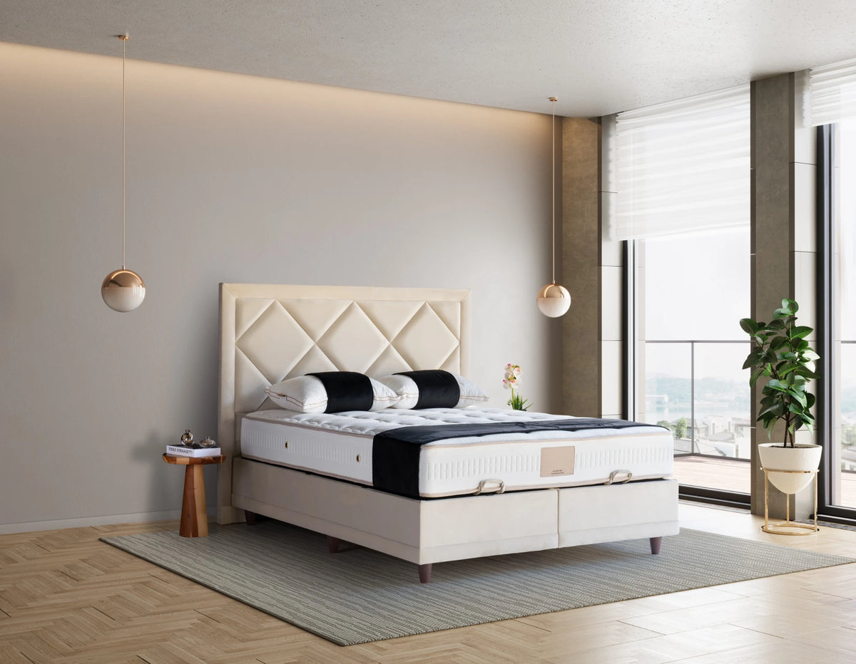 Pat Boxspring POINT cu ladă de depozitare, structură metalică, saltea premium